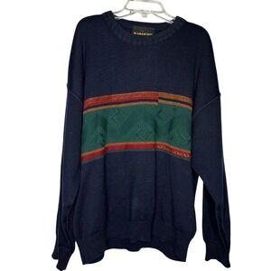 Vintage Italian Wool Geometric Knit Sweater Navy Blue Crewneck Long Sleeve